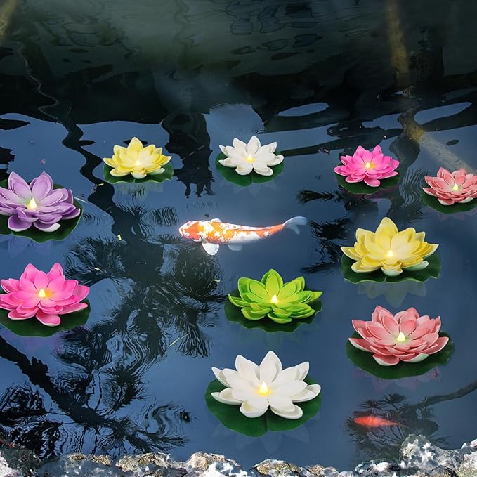 LACGO Waterproof Floating Lotus Light, 12PCS Floating Lily Light Water Activated Artificial Flowers Battery Operated for Wedding Pool Anniversary Garden Decoration(6 Inch, Mix-Color)