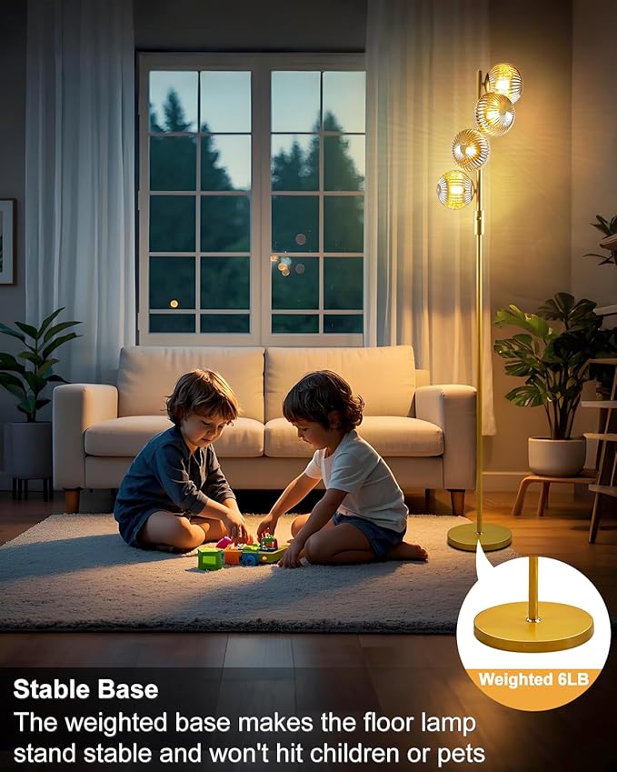 Lightdot 64IN Dimmable Floor Lamp with Glass Globe Shade, Modern Gold Standing Lamps with 4PCS Bulbs Included Soft Warm White Eye Care, Mid Century Floor Lamp for Living Room/Sofa Beside/Corner Decor