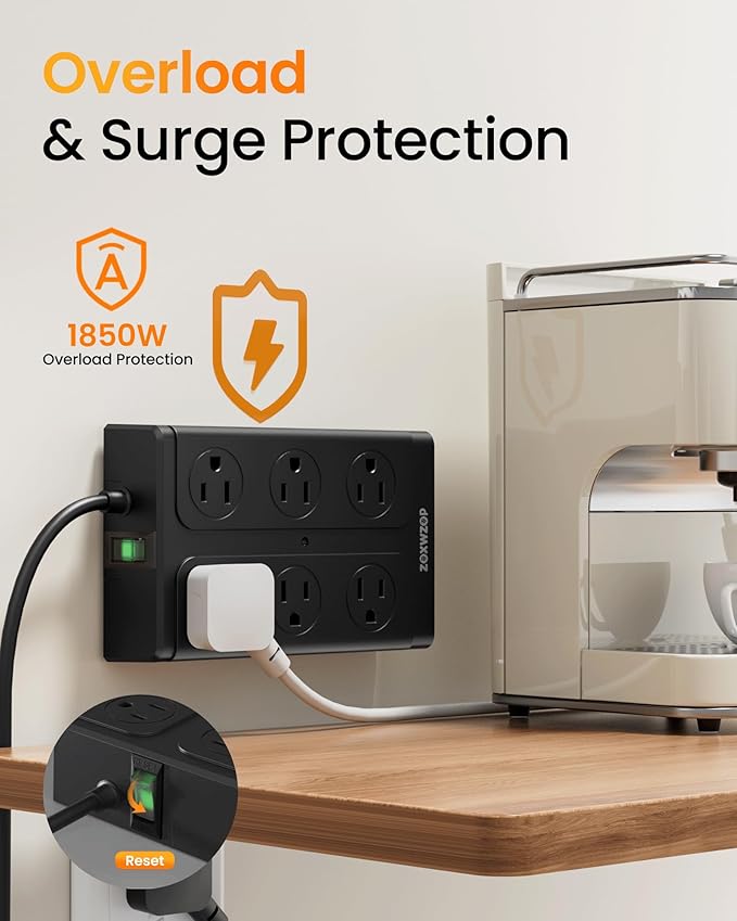 Surge Protector Power Strip – 10FT Extension Cord with 12-Outlet 4 USB-A & 2 USB-C Ports, 1850W/15A, Flat Plug, Wall Mountable – ETL Listed for Home, Dorm Room