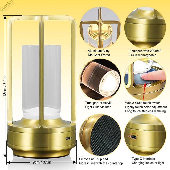 Cordless Table Lamp Rechargeable Portable Metal Touch Small Desk Lamp,Indoor/Outdoor Battery Operated LED Night Light,3Color Stepless Dimming Crystal Lantern Suitable bedrooms,Bars,cafes,Camping,Gold