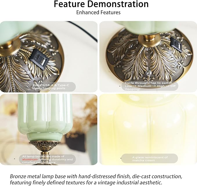 Milk Glass Touch Table Lamp, Elegant Green Jadeite Glass Bedside Desk Lamp 3 Way Dimmable with USB C+A Charging Ports - Bedroom Nightstand & Living Room Essential, 4W Bulb Included (Green, 6.5)
