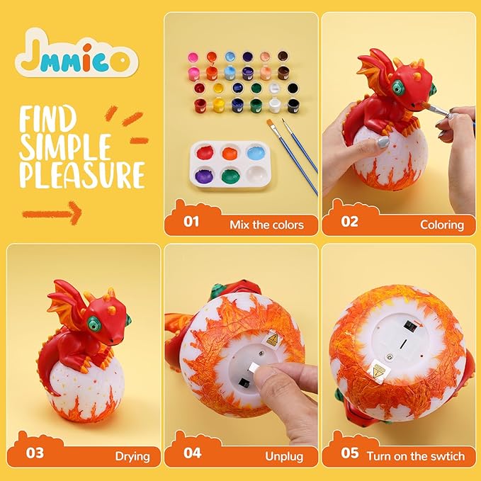 JMMICO Paint Your Own Dragon Lamp Craft Kit, Dragons Crafts DIY Night Light, Dragon Gifts for Girls Boys, Arts and Crafts for Kids Ages 8-12, Easter Basket Stuffers, Painting Kit for Kids 6+