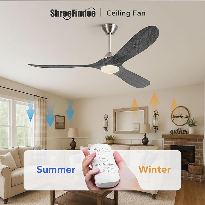 52 Inch Outdoor Ceiling Fan with Lights Remote, 3 Blades Solid Wood Modern Gray Ceiling Fan with Reversible Quiet DC Motor, Damp-rated Indoor Outside Ceiling Fans for Patios Porch Garage Gazebo