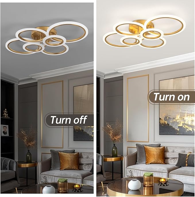 Gold Modern Flush Mount Ceiling Light,6 Rings Dimmable LED Modern Ceiling Light Fixture with Remote,Close to Ceiling Lamp for Living Room Bedroom Kitchen Lighting Fixtures Ceiling Mount