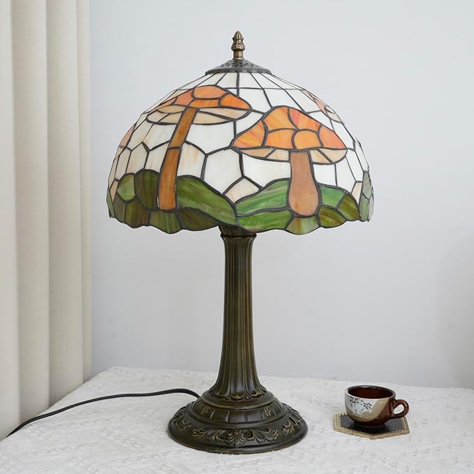 uniquel Vintage Orange mushroom Tiffany lamps Retro Style Stained Glass Table Lamp Cute Aesthetic Bedside Lamp for Bedroom nightstand Night Stand Lighting reading cottage decor desk lamp 12 inch E26