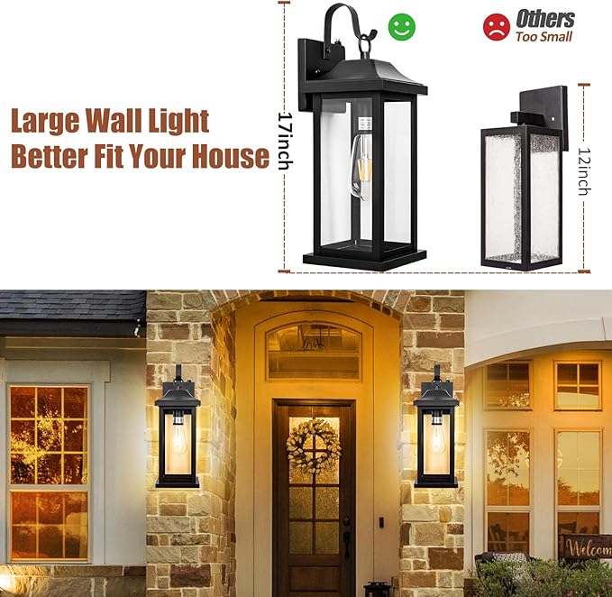 2-Pack Dusk to Dawn Large Outdoor Wall Lights 17 Inch, Exterior Light Fixtures Porch Lights Tempered Clear Glass, IP65 Waterproof Anti-Rust Outside Wall Sconces Matte Black Wall Lanterns