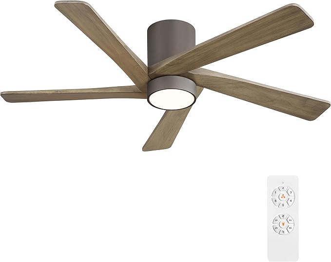 WINGBO 54 Inch Flush Mount DC Ceiling Fan with Lights and Remote, 5 Reversible Carved Wood Blades, 6-Speed Noiseless DC Motor, Hugger Ceiling Fan in Graphite Finish with Gray Blades, ETL Listed
