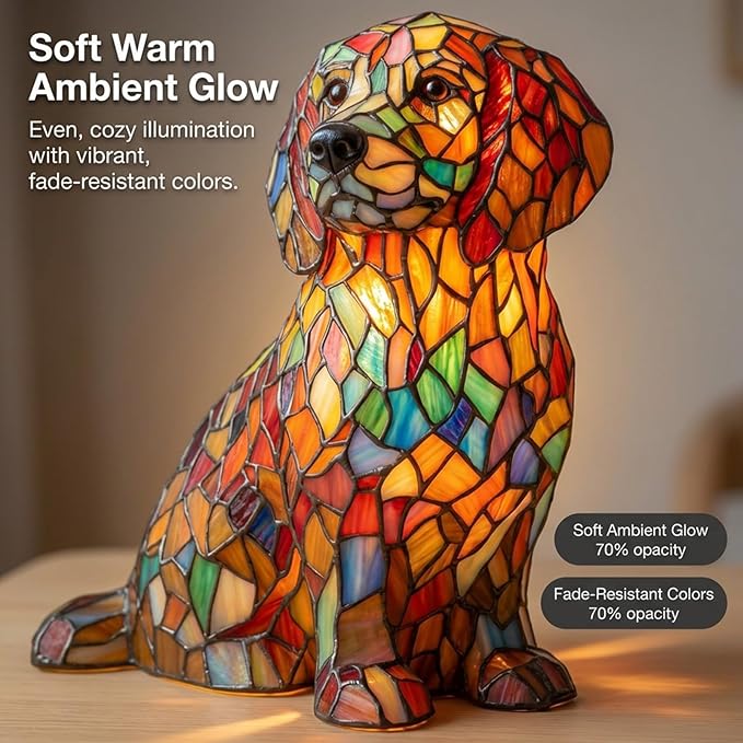 Rainbow Puppy Lamp Stained Glass Dog Night Light 3D Retro Stained Resin Rainbow Pup Lights Charge Powered Table Lamp Puppy Glow Lamps for Home Bedroom Desk (C)