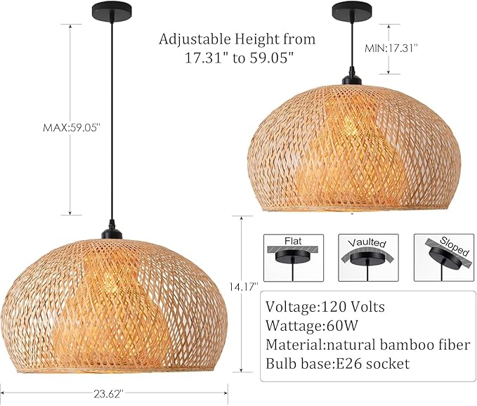 23.6" Bamboo Pendant Light Hand-Woven Rattan Hanging Lamp Boho Bamboo Chandelier for Dining Living Bedroom Kitchen Farmhouse