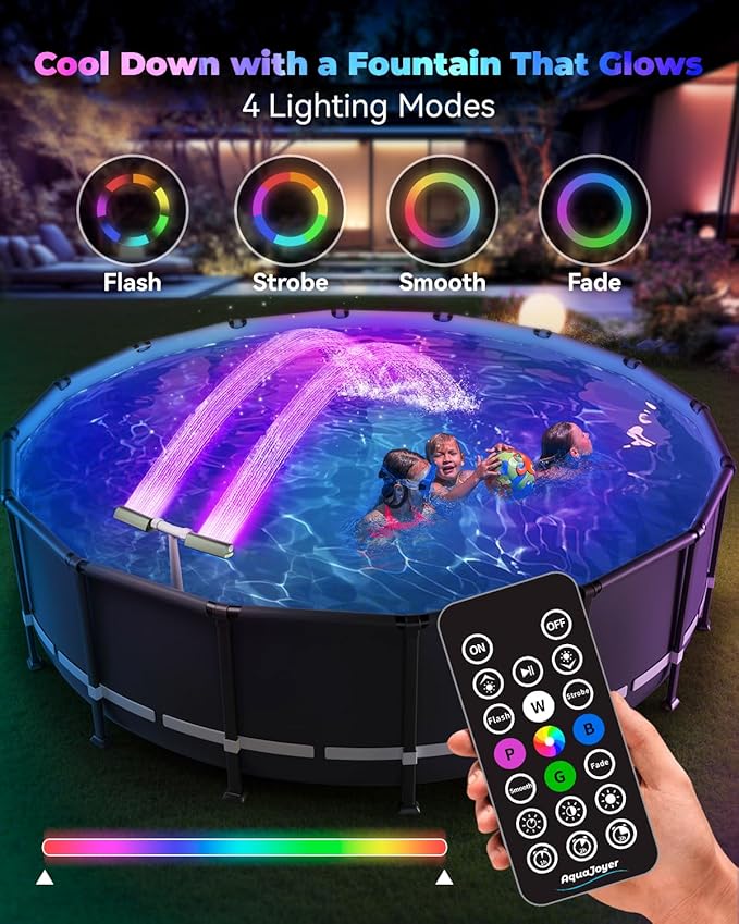 Pool Fountain with 8-Color 4-Mode LED Lights, Above/Inground Pool Fountain Lights with Remote, 360°Adjustable Pool Sprinkler for Relaxation & Cooling 10-20°F