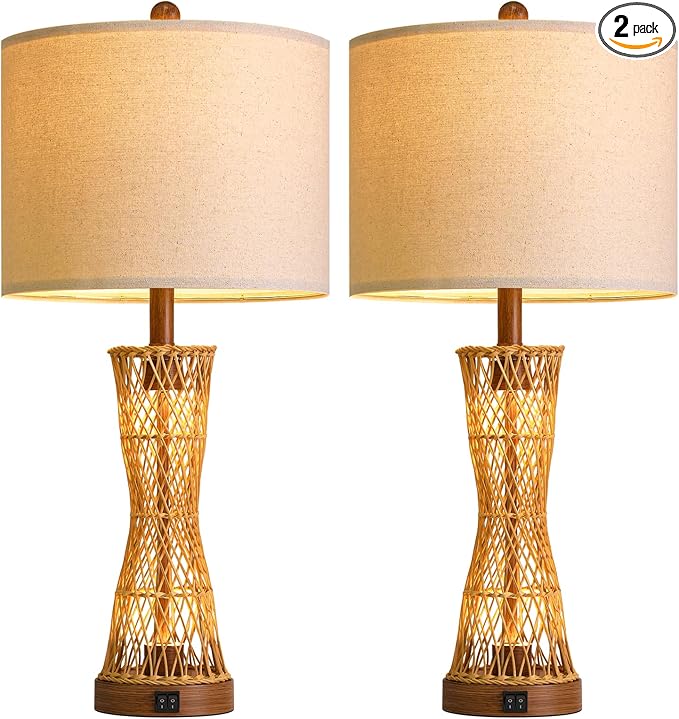 OYEARS 27" Table Lamps Set of 2 with Rattan & Dual Lights, Boho Lamps for Nightstands, Bedside Lamps for Bedroom, Nightstand Lamp for Living Room, Farmhouse Table Lamp for Office & Study