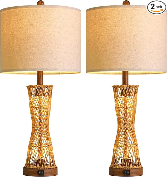 OYEARS 27" Table Lamps Set of 2 with Rattan & Dual Lights, Boho Lamps for Nightstands, Bedside Lamps for Bedroom, Nightstand Lamp for Living Room, Farmhouse Table Lamp for Office & Study
