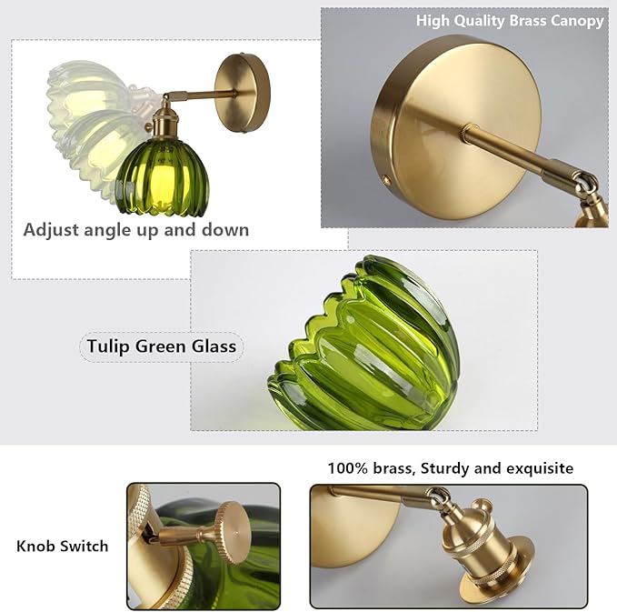 HuisMier Vintage Wall Sconces with Green Tulip Glass Lampshade, Modern 180 Degree Adjustable Brass Wall Sconces with Switch for Bathroom Bedroom Living Room Hallway, Hardwired