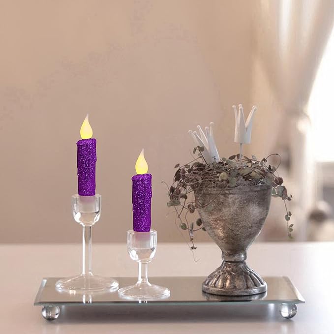 CVHOMEDECO. Glitter Flameless Candles Flickering Battery Operated LED Taper Candles with Timer for Home, Wedding, Halloween, Christmas Decor. Purple, 4-3/4 Inch, Set of 2