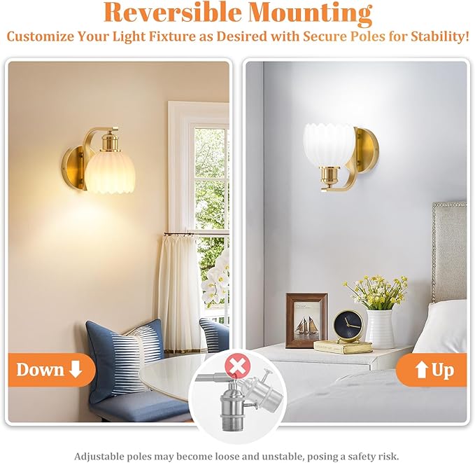 Rechargeable Battery Operated Wall Sconce with Milky White Glass Lampshade, Wireless Wall Scone Decor with Remote Control, 15 Colors Gold Wall Light for Bedside Hallway Bedroom Doorway