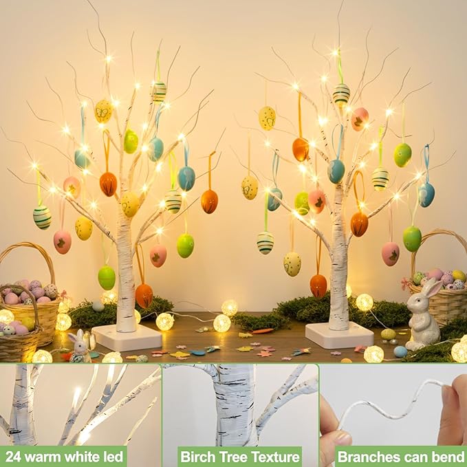 EAMBRITE Easter Decorations, Easter Egg Tree with 36 pcs Eggs Ornaments, Lighted White Birch Tree with Timer Battery Powered, for Home Tabletop Centerpiece Spring Indoor Decorations (2 Pack 24 LED)