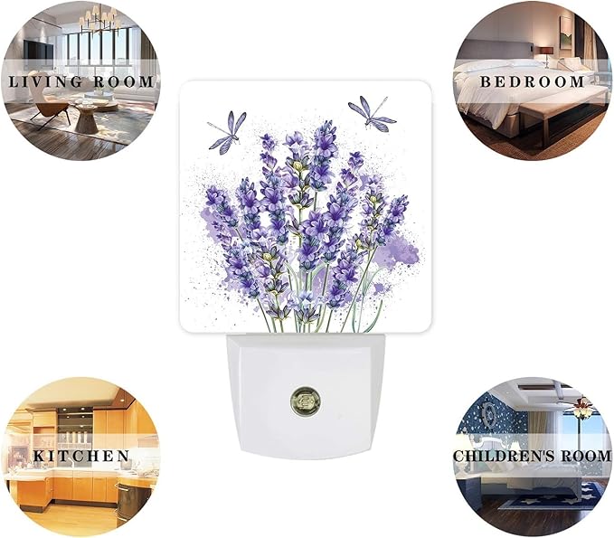 Purple Lavender Plug-in LED Night Light,Purple Dragonfly Nature Angel Auto Dusk to Dawn Sensor Nightlights Plug into Wall,White Energy Efficient Night light for Bedroom,Bathroom,Kitchen,Stairs,Hallway