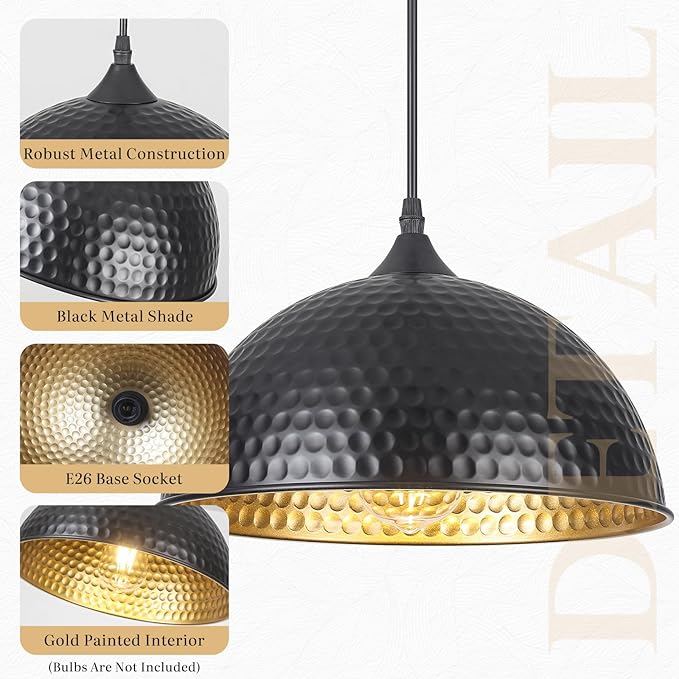 Black Pendant Lights Kitchen Island, 11.8 Inch Hammered Dome Pendant Light, Modern Farmhouse Pendant Light for Kitchen Island, Dining Room, Cafe, Bar, 1 Pack