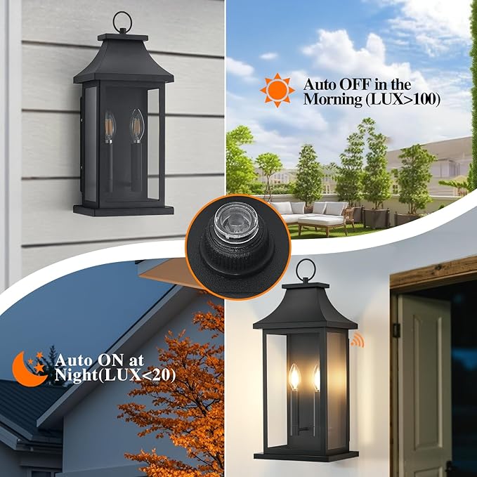 tewei 2-Pack Dusk to Dawn Outdoor Wall Lights, 22'' Porch Light Outdoor Wall Sconce Lantern, 2-Light Black Exterior Lighting Fixture Wall Mount, Outside Light for House Garage
