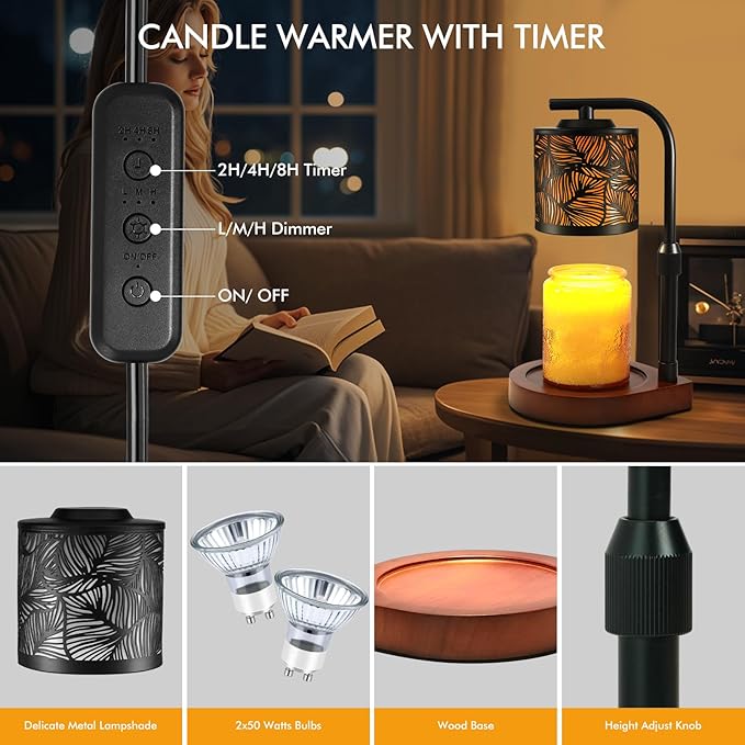 Candle Warmer Lamp with Timer & Dimmer- Electric Wax Melt Warmer with Adjustable Height for Scented Candles, Home Décor Fragrance and House Warming Birthday Gifts for Women Mom