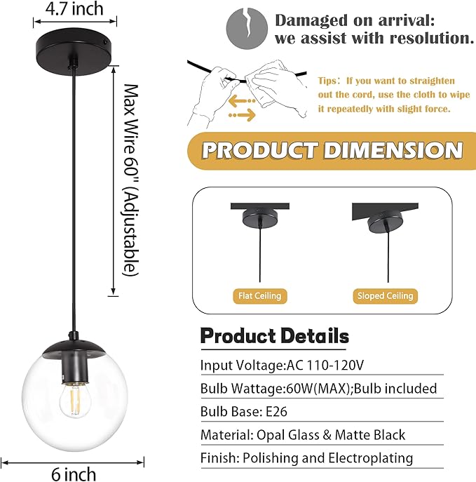 KoKo&Yukina 6-inch mini Modern Globe Pendant Light Clear Glass with Black Finish Contemporary Mid Century Adjustable Hanging Light Fixture for Living Room Bedroom Kitchen Island (Bulb Incl.)