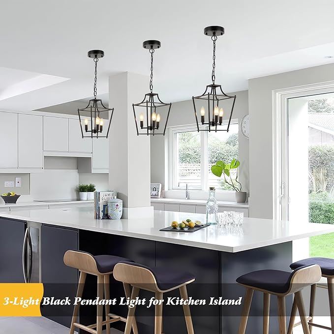 Lantern Pendant Light Black Pendant Light Fixtures 3-Light Black Lantern Pendant Lights, 9.4" Adjustable Farmhouse Pendant Lighting for Kitchen Island Dining Room Foyer