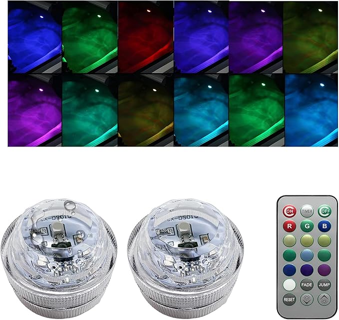 2PCS Mini Submersible LED Lights for Car, Waterproof Underwater Flameless Accent Light with Remote Control, Battery Operated Multicolor Changing Light for Vehicle Interior