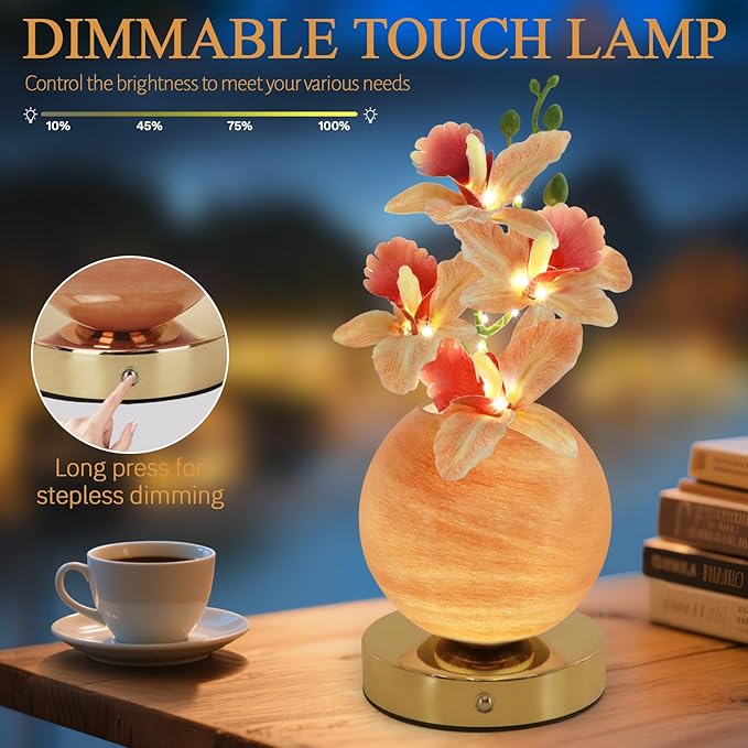 Flower Table Lamp, 3 Colors Orchid Night Light, Cordless Touch Dimming Artificial Flower with Vase Lamp, LED Desktop Decorative Landscape Lights for Festival Party Home Decor (Champagne Orchid)