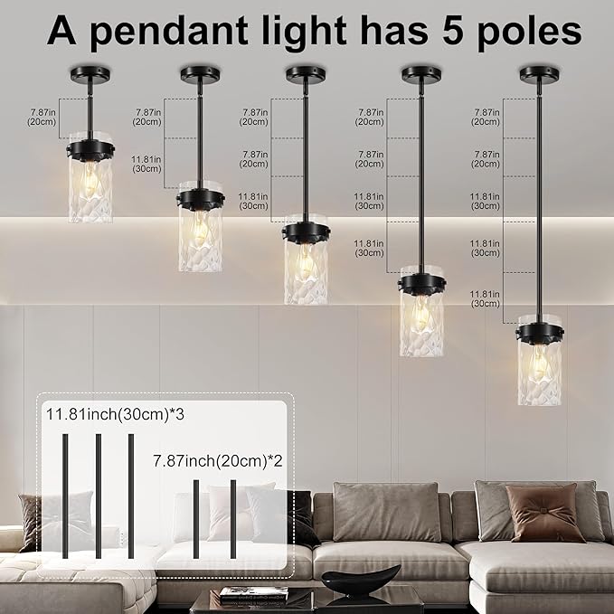4.72" Hammered Glass Pendant Lighting for Kitchen Island 2 Pack, Modern Black Pendant Light Fixtures, Adjustable Ceiling Pendant Light for Kitchen Island Dining Room Bedroom Hallway
