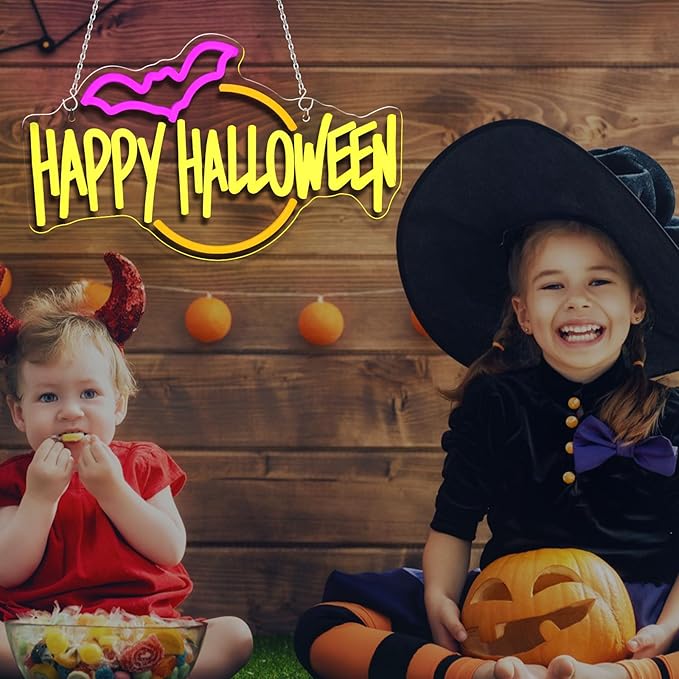 Happy Halloween Neon Sign Bat LED Light Up for Bedroom Home Bar Halloween Decor Trick or Treat Party Backdrop USB Powered