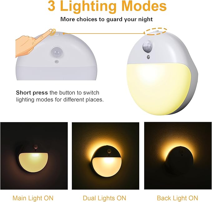 2 Pack Motion Sensor Night Light, Gold Yellow, 3 Lighting Modes, Stepless Dimming, Battery-Powered, Dimmable LED, Suitable for Bedroom, Bathroom, Stairs, Corridors, Closets