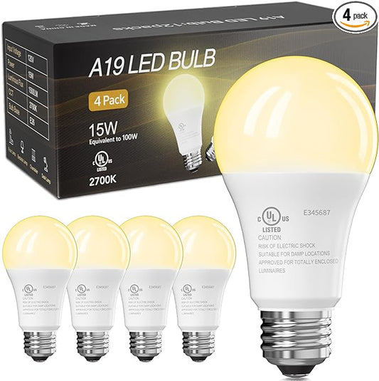 TJOY LED Light Bulbs, 100 Watt Equivalent A19 LED Bulbs, Soft Warm White 2700K, Energy Saving Lightbulbs with E26 Standard Base, 1500 Lumens Non Dimmable Lamp for Home Bedroom Kitchen, 4 Pack