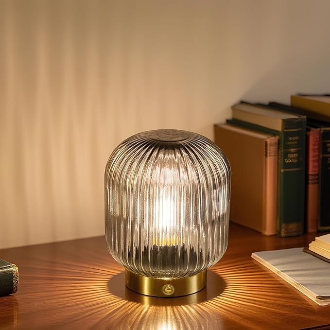 MJ PREMIER Rechargeable Table Lamp, Gray Glass Lamp with Memory Function, Small Cordless LED Lamp with Dimmable Brightness, Decorative Touch Lamps for Bedroom Living Room (Gray)