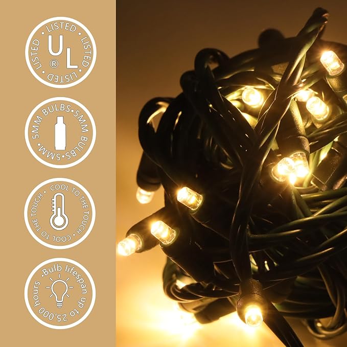 50 LED 5MM Warm White Christmas Lights, 17FT Indoor/Outdoor String Light, Mini Lights for Garden, Patio, Christmas Trees - Green Wire, Commercial Grade, UL Listed