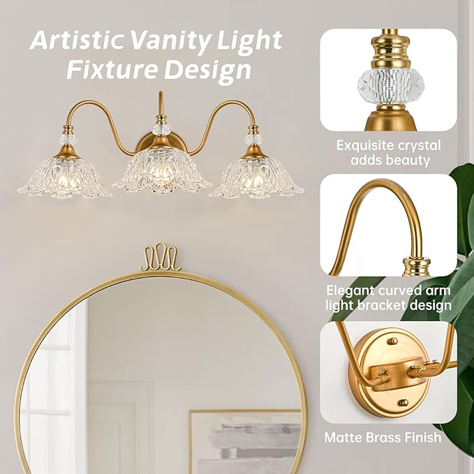Vintage Bathroom Vanity Light, 3-Light Matte Brass Finish Vanity Light with Floral Clear Glass Shades, Retro Wall Sconce for Bathroom, Dressing Table