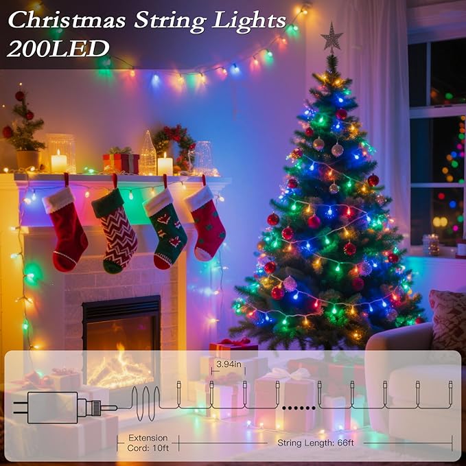 66FT 200 LED Christmas Tree Lights, Bright Warm White to Multicolor Outdoor Christmas String Lights for House, Fairy Lights with 11 Modes, Waterproof & Durable Indoor Outdoor Decor