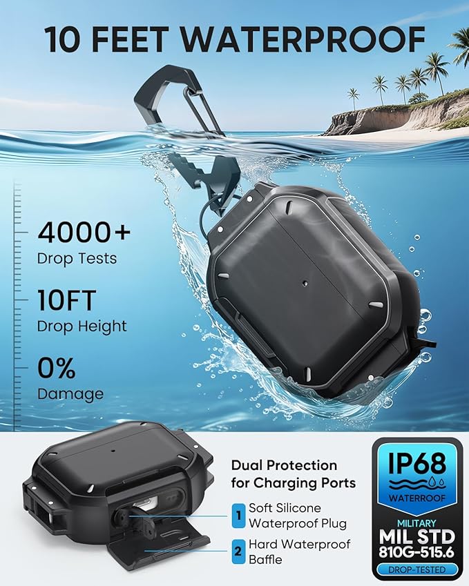 MoKo for AirPods Pro 3 Case with Secure Lock - IP68 Waterproof Case for iPods Pro 3, Military-Grade Protective Cover Earpods Pro 3 with Keychain, Phone Stand & Cleaner Kit, Black