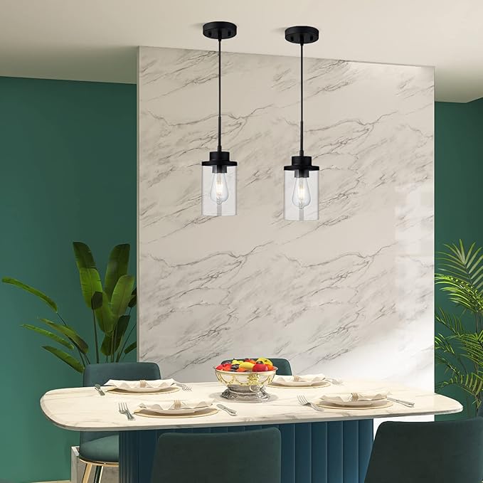 Modern Black Farmhouse Clear Glass Cylinder Pendant Light Fixture, Single Hanging Pendant Lighting for Kitchen Island, Dining Room, Foyer & Hallway(2 Packs)
