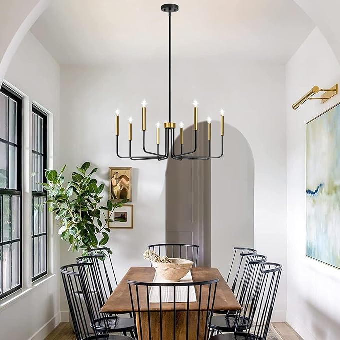 Lynnoland Black and Gold 8-Light Farmhouse Chandelier for Dining Room Lighting Fixtures Hanging, Vintage Candle Pendant Light Fixtures Chandelier for Bedroom, Foyer and Living Room