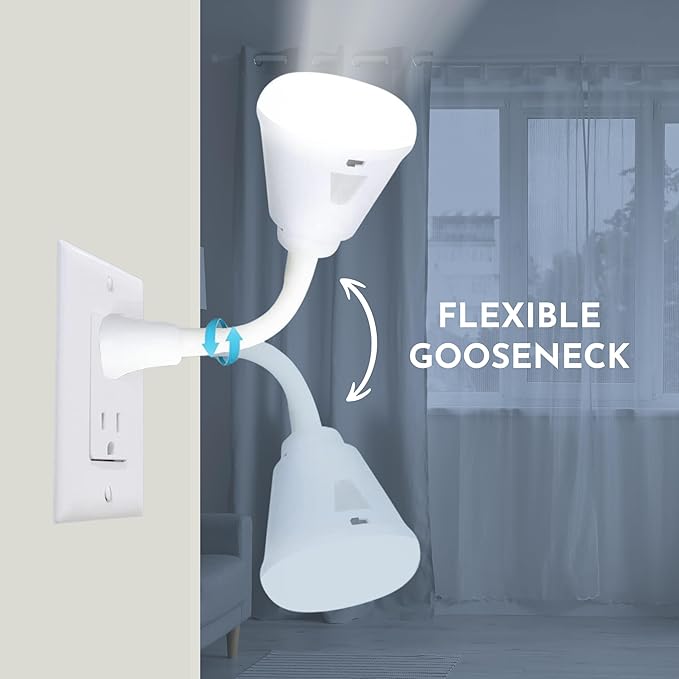 Bright Night Light LED Motion and Light Sensor AC Outlet Plug-in Flexible Neck Rotatable PIR Automatic Lamp Dusk to Dawn (6 Watts)