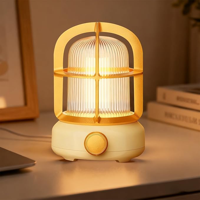 Cute Camping Lantern with Adjustable Dimming & USB-C Charging, Desk Decor for Bedroom, Indoor Outdoor Adventures & Emergency Use Gift, Retro Atmosphere Lamp for Bar (Yellow)