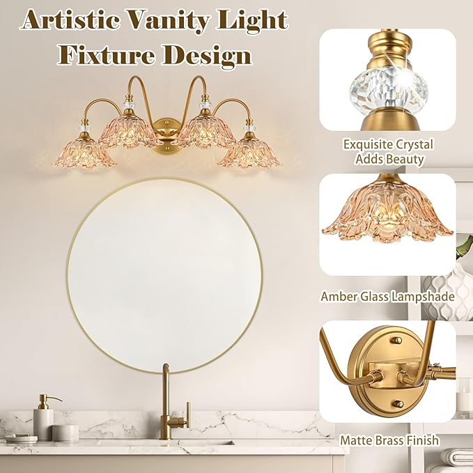 Vintage Bathroom Vanity Light, 4-Light Matte Brass Finish Vanity Light with Floral Amber Glass Shades, Retro Wall Mount Lighting for Bathroom, Dressing Table