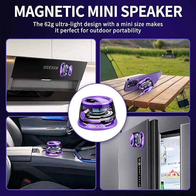 Magnetic Bluetooth Speaker - Portable Mini Speakers with RGB Light, Multifunctional G200 Speaker with 3D Surround Sound, 7H Playtime, Phone Stand for iPhone Android, Gifts for Teens, Purple