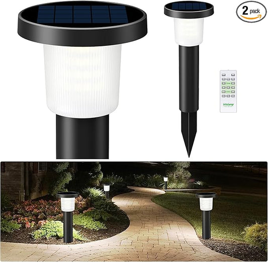 intelamp Solar Garden Lights Outdoor Waterproof, 2 Pack Bright LED Solar Powered Patio Decor Lighting Outside with Remote Control 3 Color Auto On/Off Yard Light for Lawn Pathway Porch Landscape Path