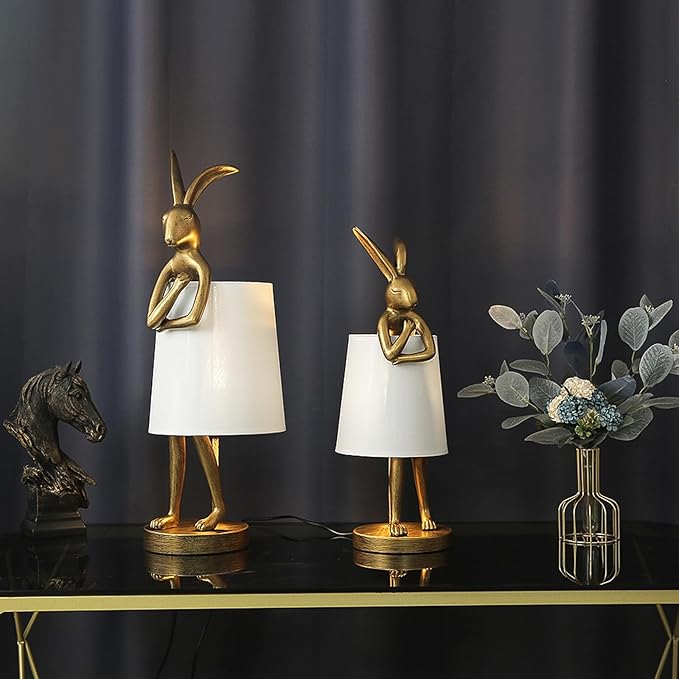 Bunny Table Lamp, Resin Animal Rabbit Lamp, LED Bunny Decor Lamp with Fabric Shade, H20in,Vintage-Style Component,Suitable for Office Bedside (White H20)