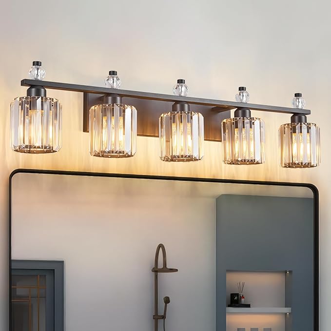 Bathroom Vanity Lights 5-Light Sand Black Modern Crystal Vanity Light Fixtures Over Mirror Crystal Bathroom Vanity Lighting Fixtures