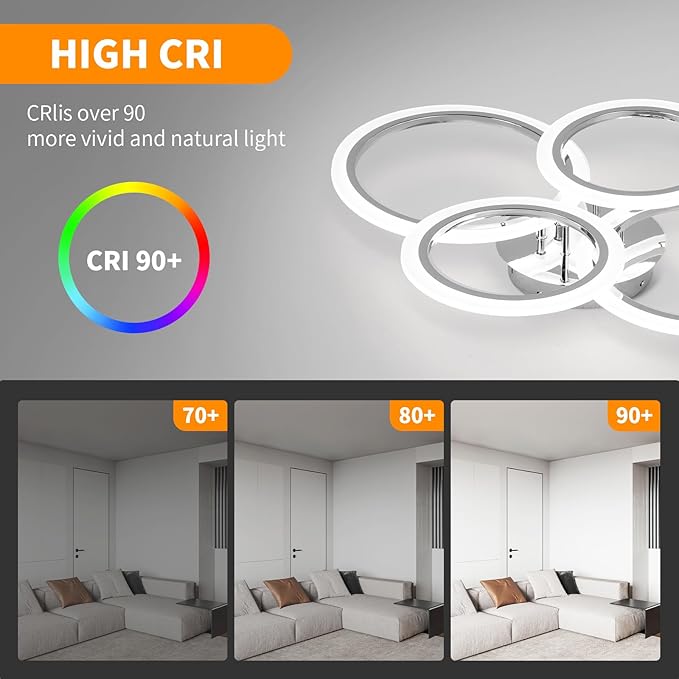 Modern LED Ceiling Light Fixture, 4 Rings Dimmable Flush Mount Ceiling Light with Remote, Acrylic Close to Ceiling Lighting Fixture for Low Ceiling Living Room Bedroom Kitchen (4 Heads)