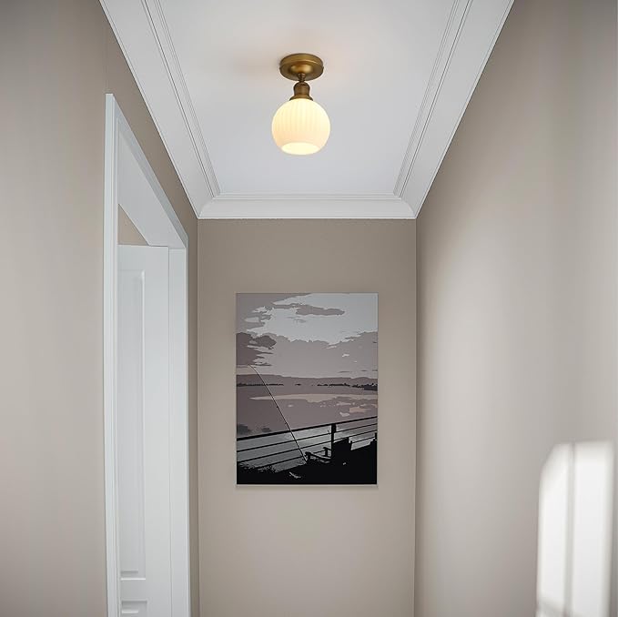 Industrial Globe Semi Flush Mount Pendant Ceiling Light with White Glass Lampshade, Vintage Close to Ceiling Light Fixture for Porch, Hallway, Entryway, Kitchen, Bedroom, Hotel