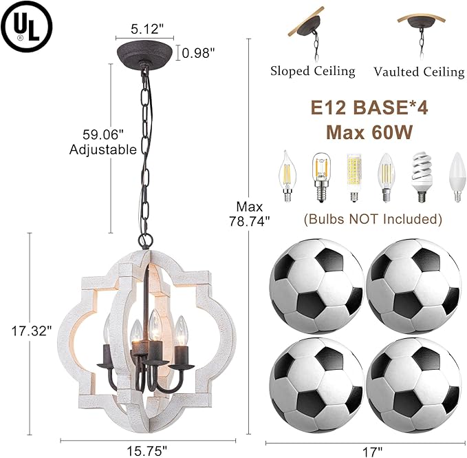16" Oak Farmhouse Chandeliers for Dining Room Light Fixture Orb Distressed White Wood Pendant Light Kitchen Chandeliers Over Table Ceiling Hanging Light for Island Living Room Bedroom Entryway Foyer