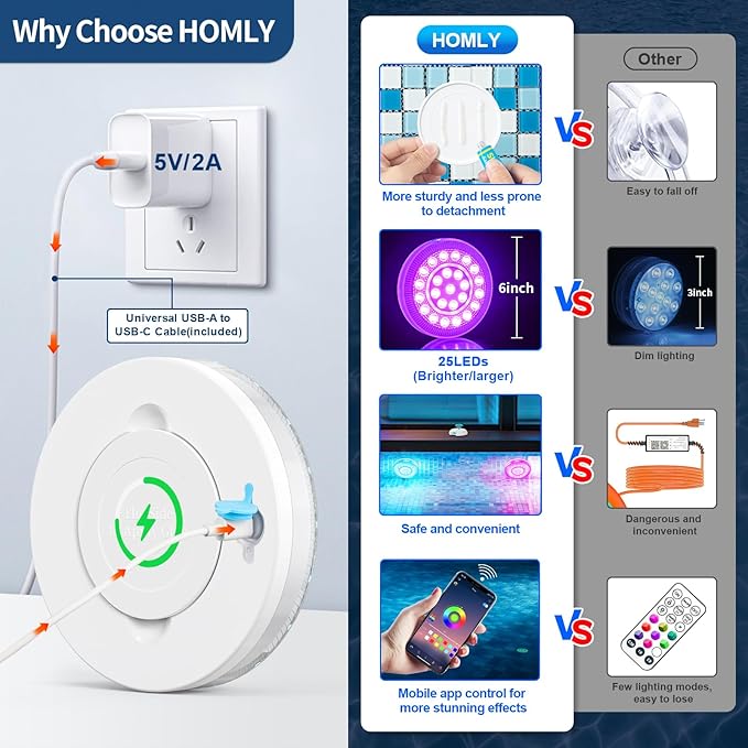 Homly Rechargeable Submersible Pool Lights with Wireless APP Control, Waterproof Underwater Smart LED Lights Controlled Multiple Lighting Modes, 4000mAh Magnets Lights for Multi Scene Pool Decoration